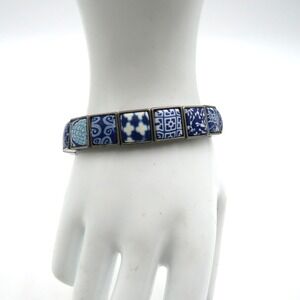 Jilzara‎ Blue White Square Clay Tile Bead Bracelet Unisex Adjustable Cord Boho